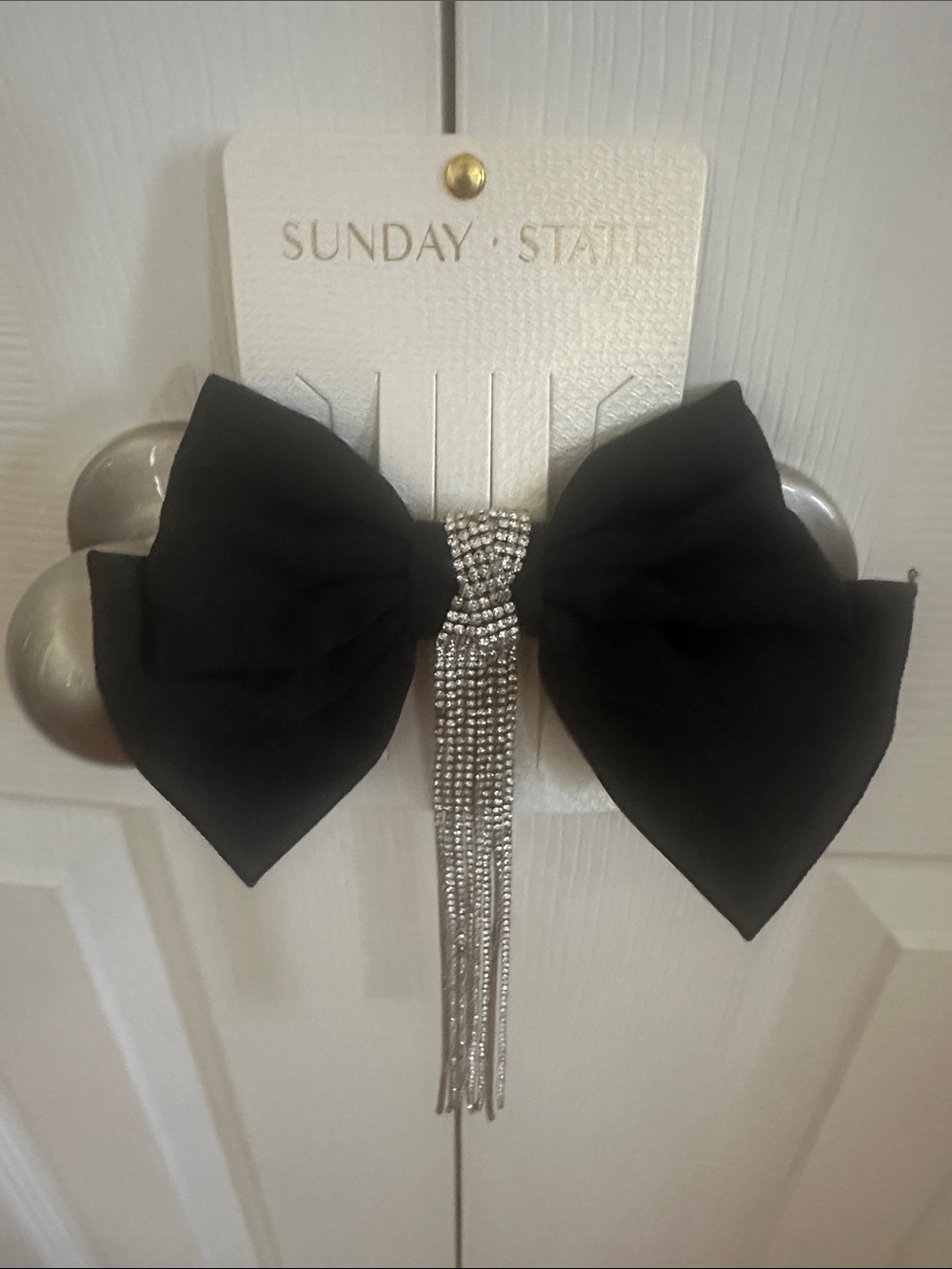Sunday State Black Bow Hair Clip with Silver Rhinestone Tassel